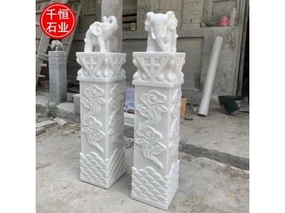 石雕大象拴马桩 汉白玉中式云纹祥云石柱子 别墅庭院摆件图5